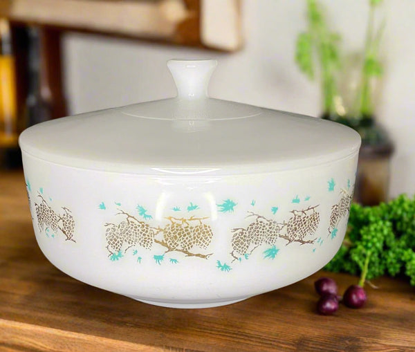 Federal Glass Gold Turquoise 9 Inch Casserole Serving Bowl with Lid