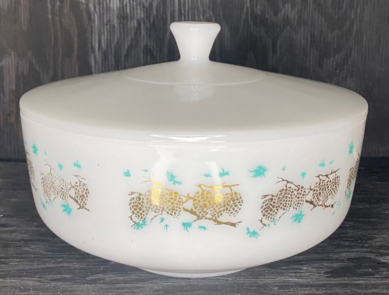 Federal Glass Gold Turquoise 9 Inch Casserole Serving Bowl with Lid